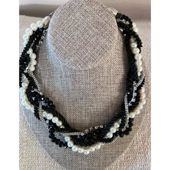 Chocker Multi Chain Necklace Faux Pearls Glass Beads Silver Tone Chain Rope - Picture 1 of 7